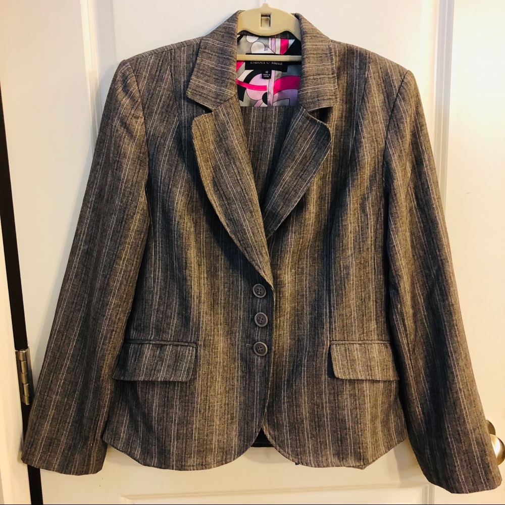 Gray Pantsuit Pink and White Pinstripes